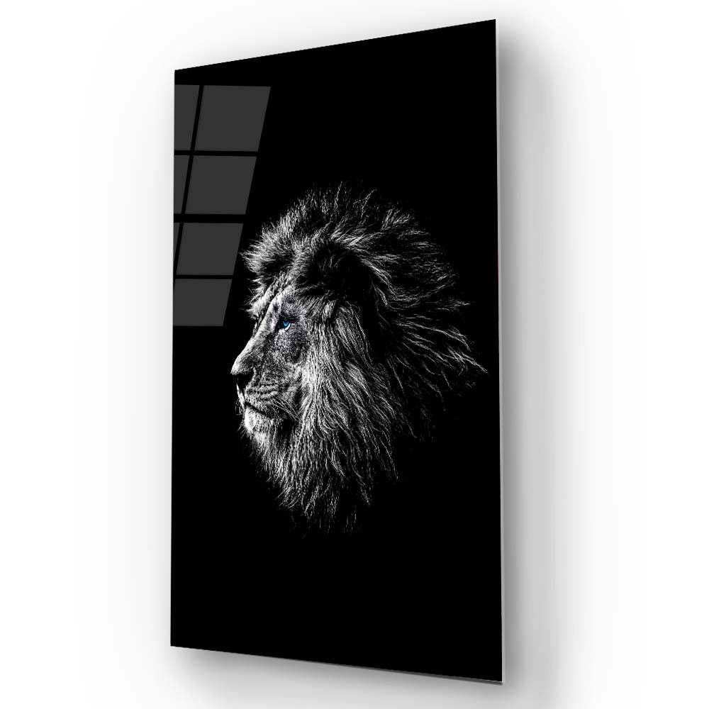Black and White Lion with Blue Eyes Glass Wall Art - CreoGlass E-Shop