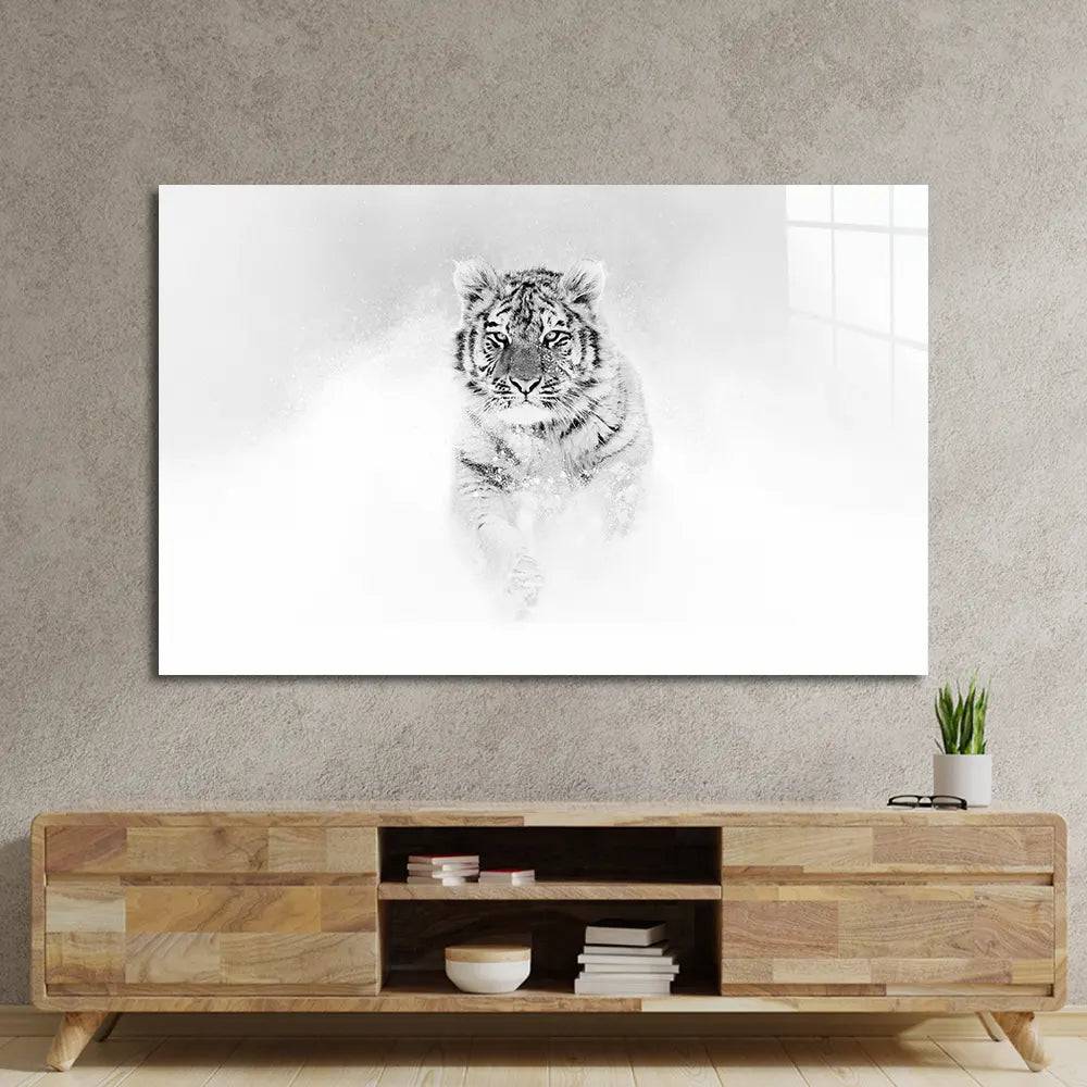 Black and White Tiger Wild Winter Glass Wall Art - CreoGlass E-Shop