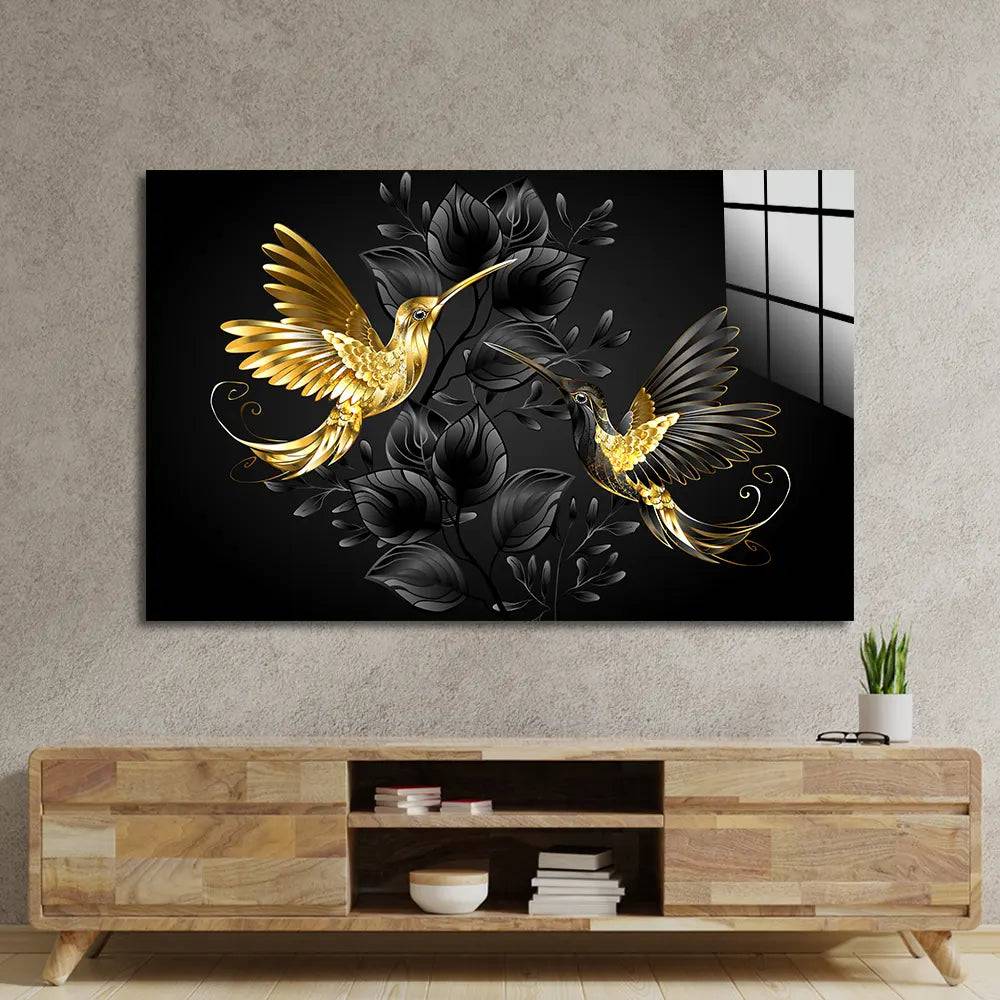 Black Gold Jewellery Humming Birds Glass Wall Art - CreoGlass E-Shop