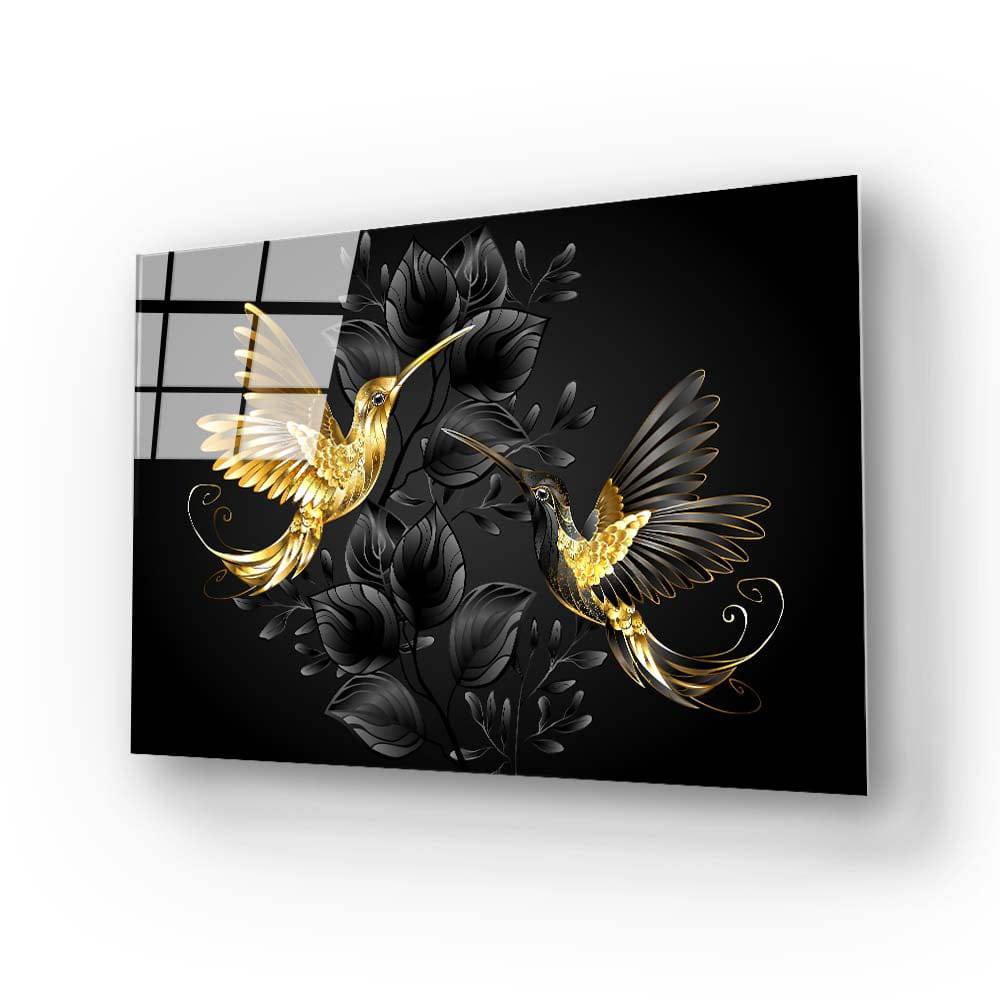 Black Gold Jewelry Humming Birds Glass Wall Art - CreoGlass E-Shop