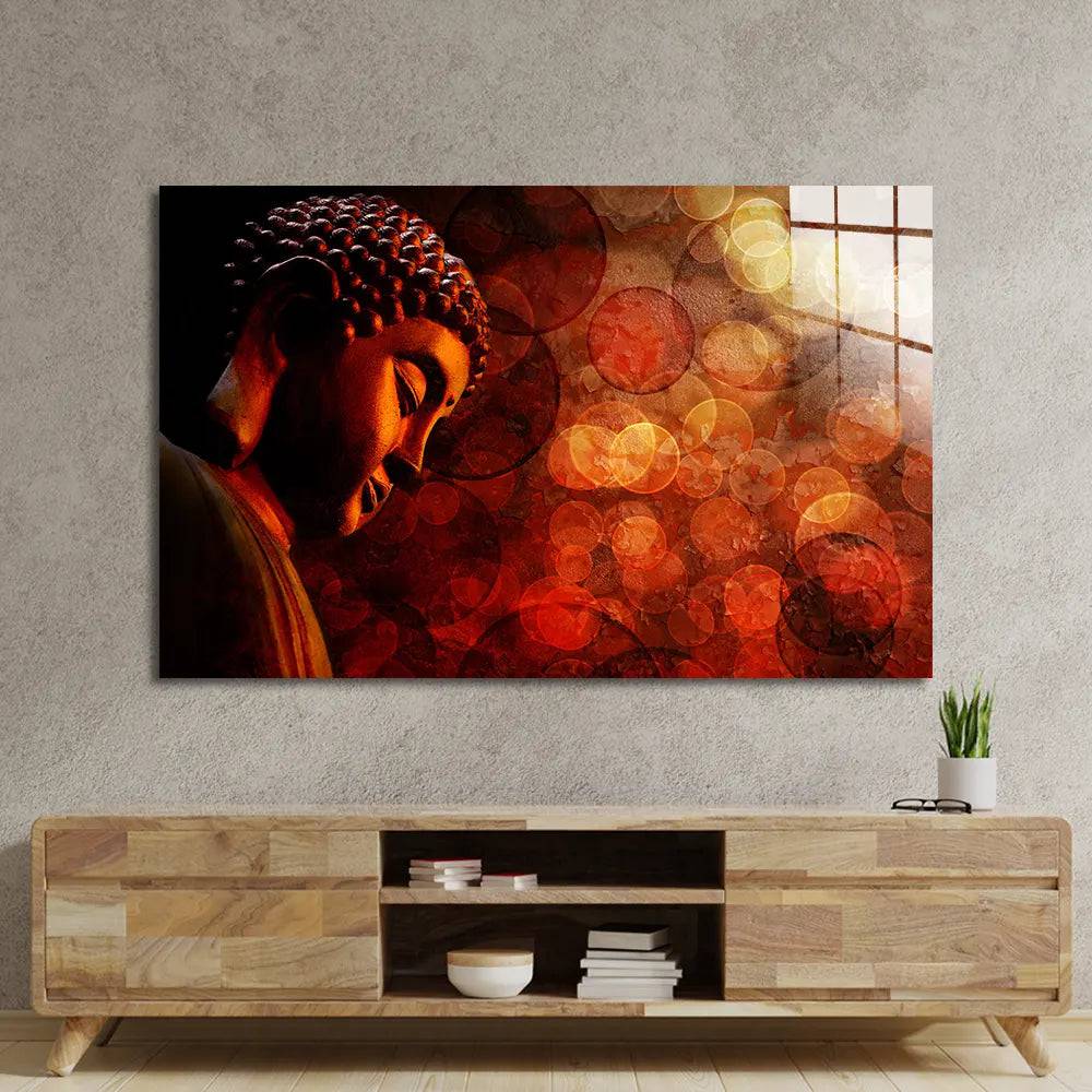 Bronze Zen Buddha Statue Meditating Blurred Glass Wall Art - CreoGlass E-Shop