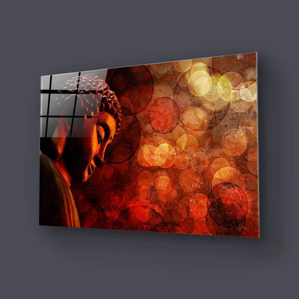 Bronze Zen Buddha Statue Meditating Blurred Glass Wall Art - CreoGlass E-Shop