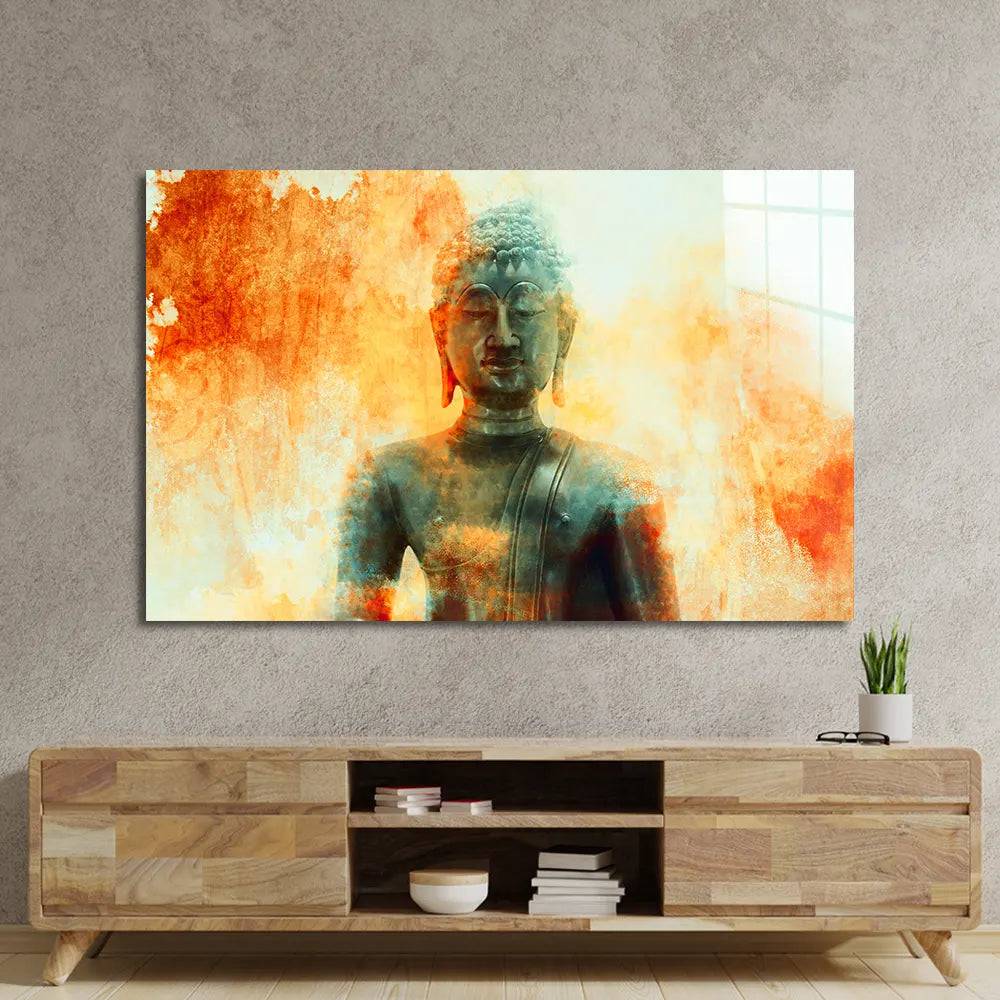 Buddha Statue On Grunge Background Glass Wall Art - CreoGlass E-Shop