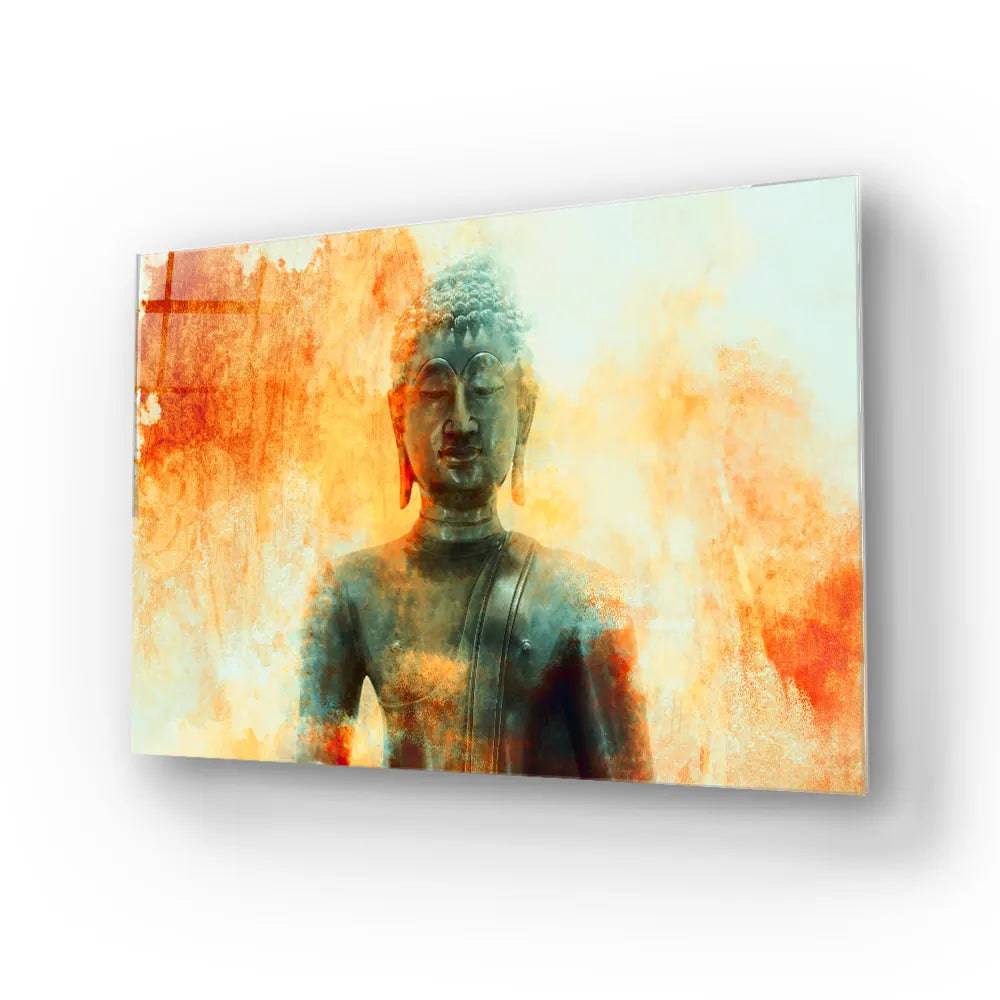 Buddha Statue On Grunge Background Glass Wall Art - CreoGlass E-Shop