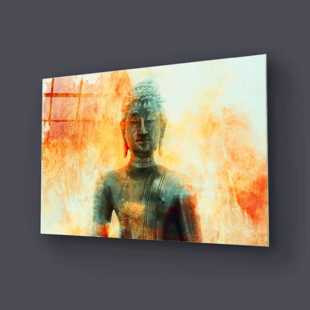 Buddha Statue On Grunge Background Glass Wall Art - CreoGlass E-Shop