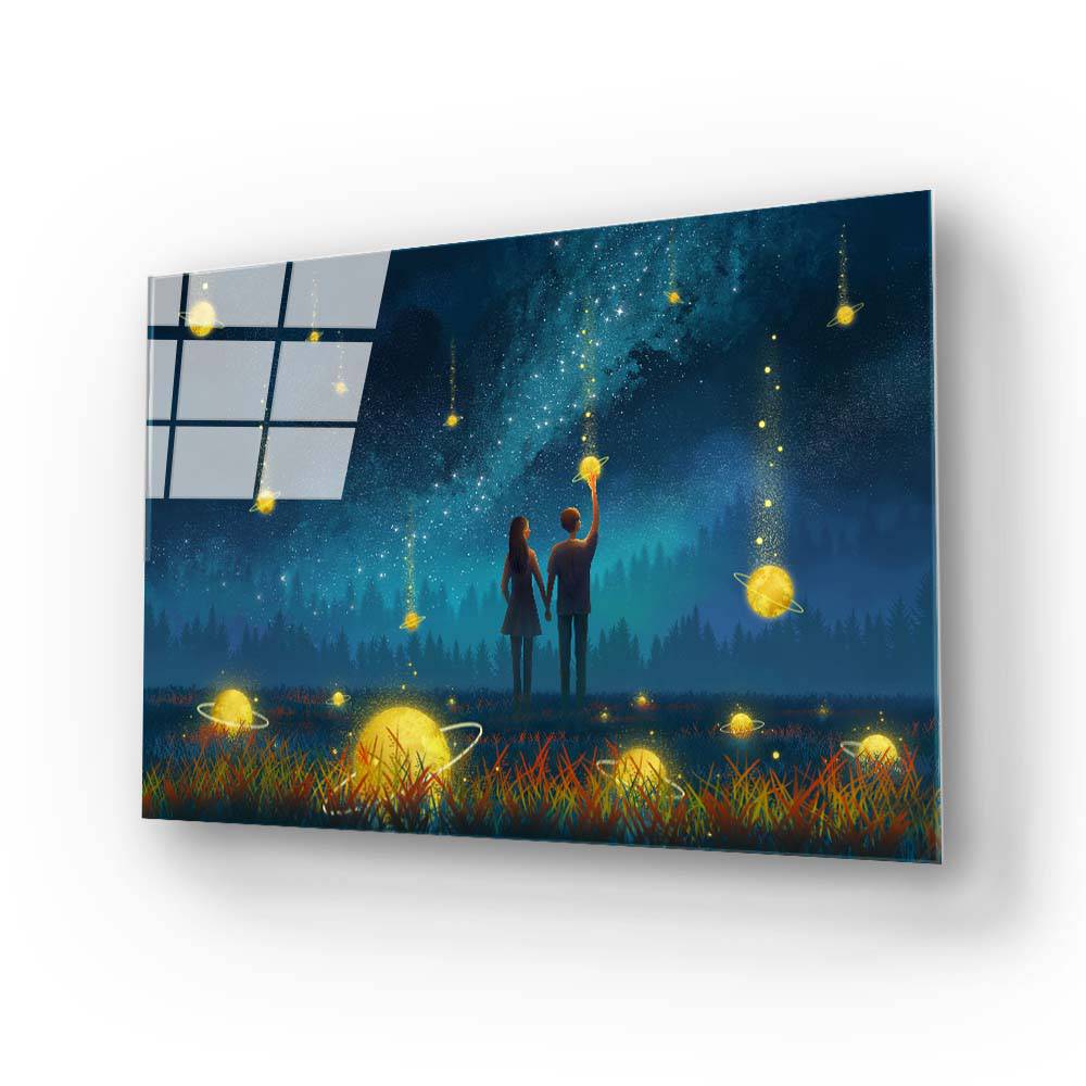 Couple Under Falling Planets Glass Wall Art - CreoGlass E-Shop