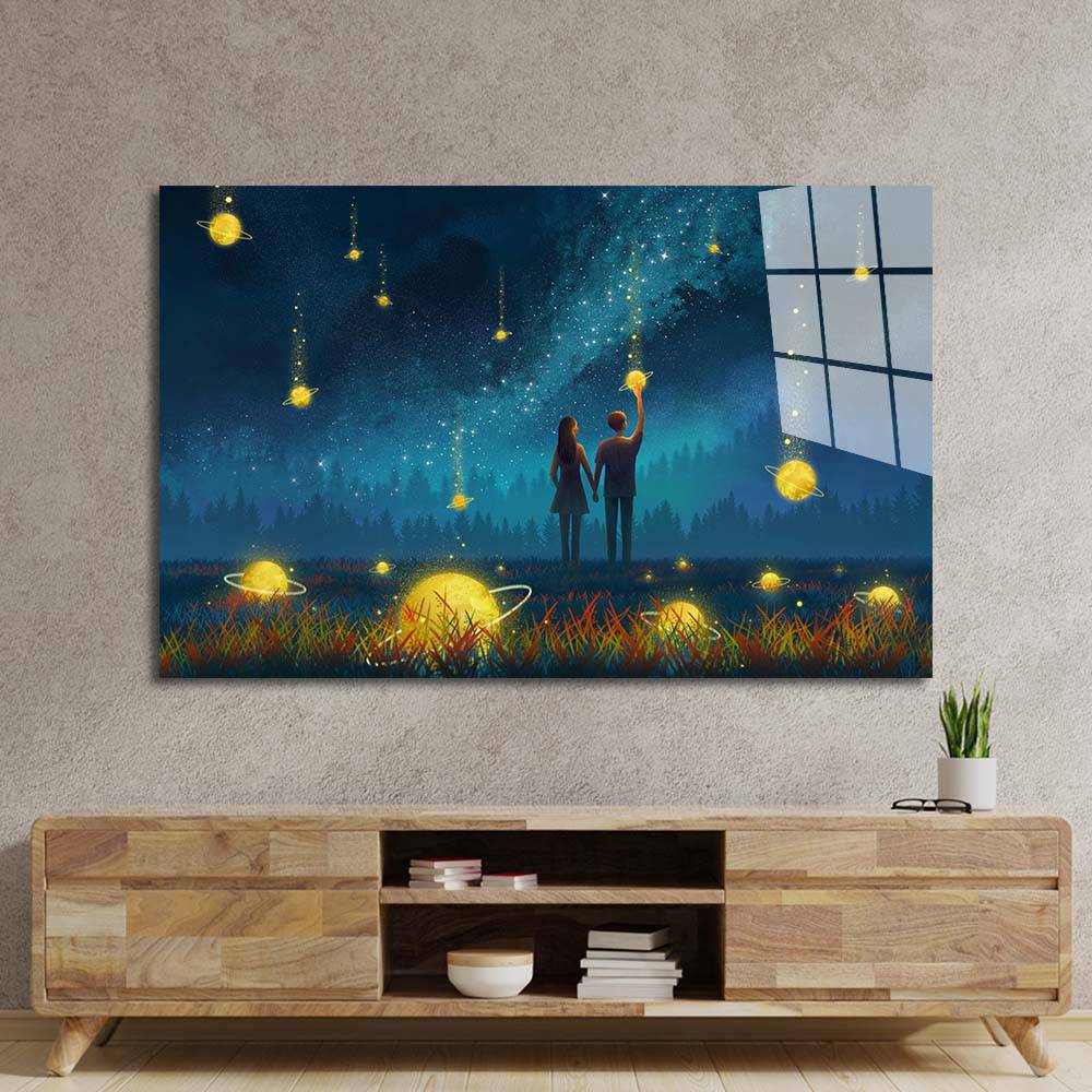 Couple Under Falling Planets Glass Wall Art - CreoGlass E-Shop