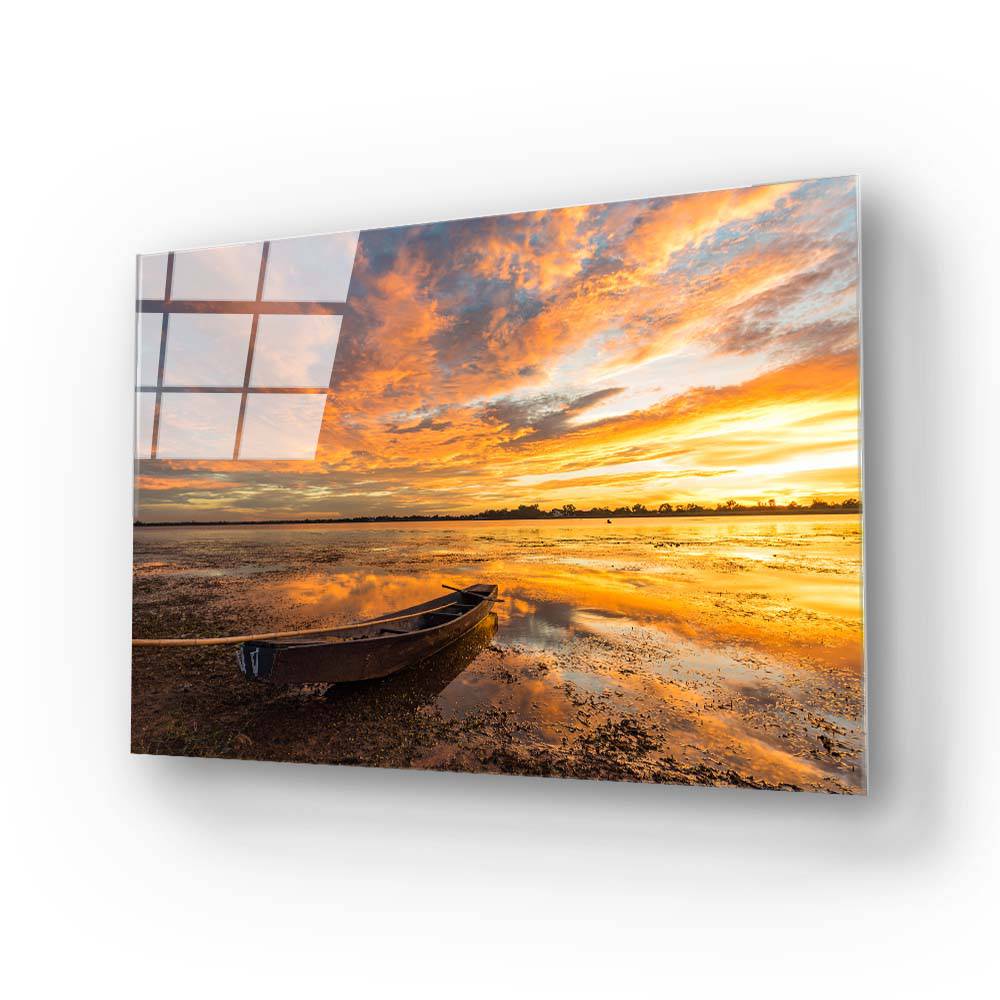 Fishing Boat under Sunset Glass Wall Art - CreoGlass E-Shop