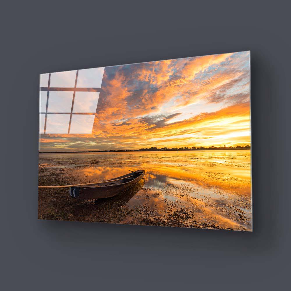 Fishing Boat under Sunset Glass Wall Art - CreoGlass E-Shop