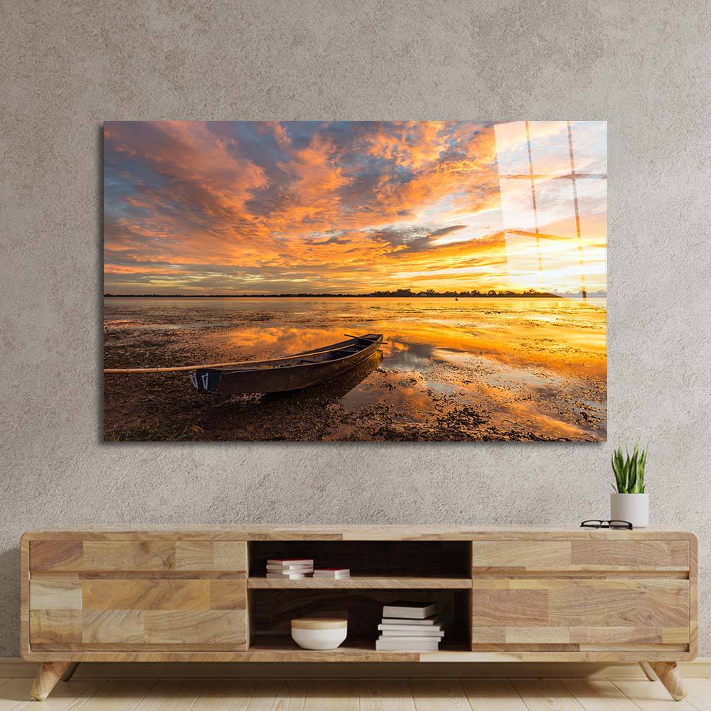Fishing Boat under Sunset Glass Wall Art - CreoGlass E-Shop