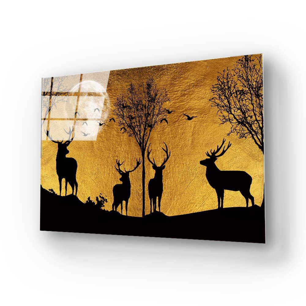 Four Deer in Yellow Moonlight Glass Wall Art - CreoGlass E-Shop