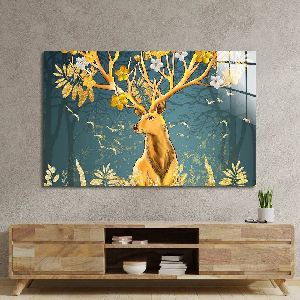 Gold Flowering Stag Glass Wall Art - CreoGlass E-Shop