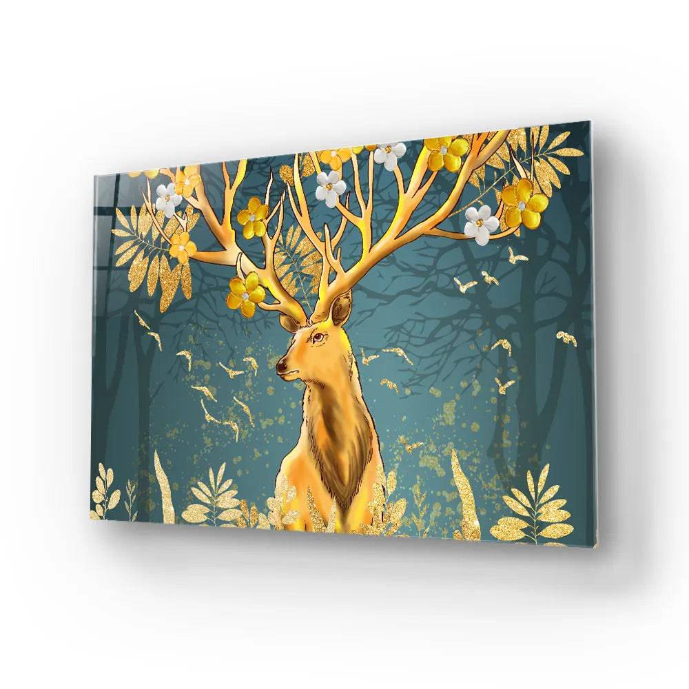 Gold Flowering Stag Glass Wall Art - CreoGlass E-Shop