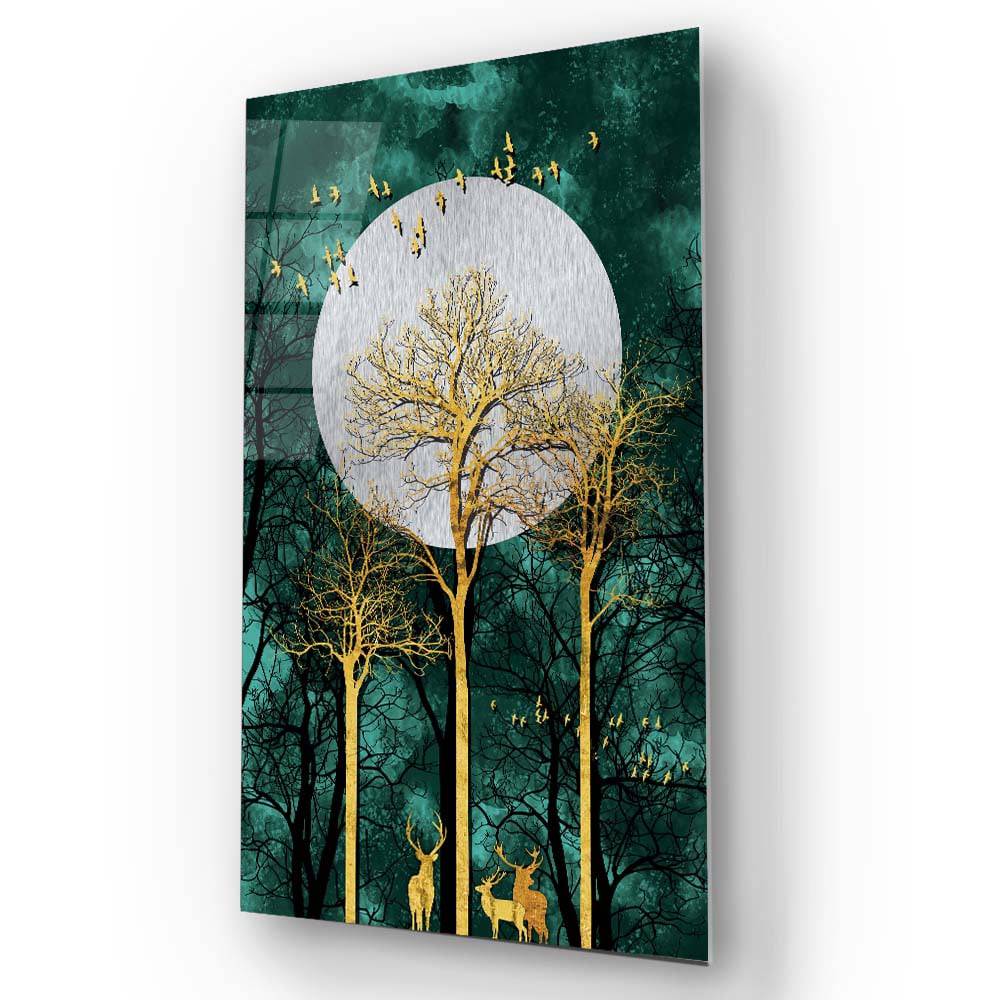Golden Deer under Moonlight Cut-Out Glass Wall Art - CreoGlass E-Shop