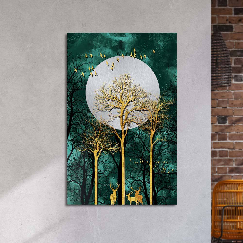 Golden Deer under Moonlight Cut-Out Glass Wall Art - CreoGlass E-Shop