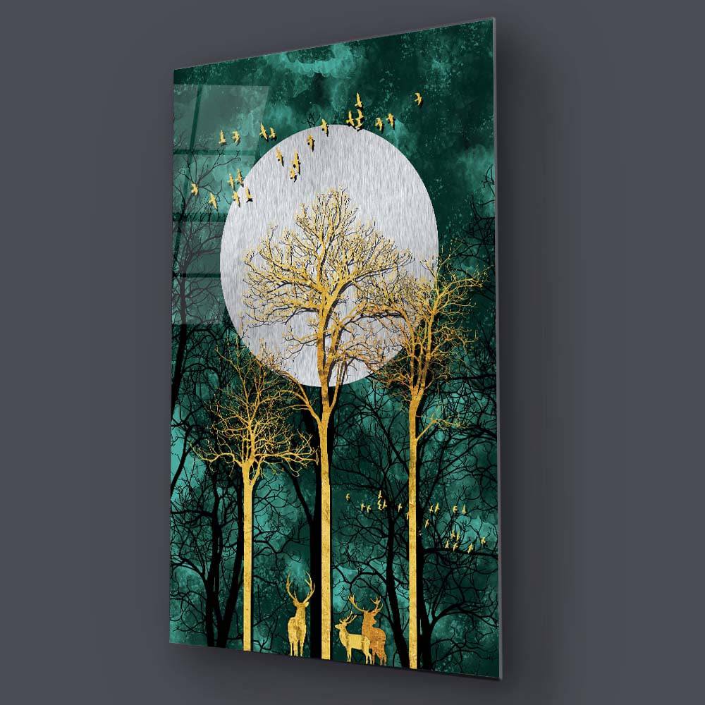 Golden Deer under Moonlight Cut-Out Glass Wall Art - CreoGlass E-Shop