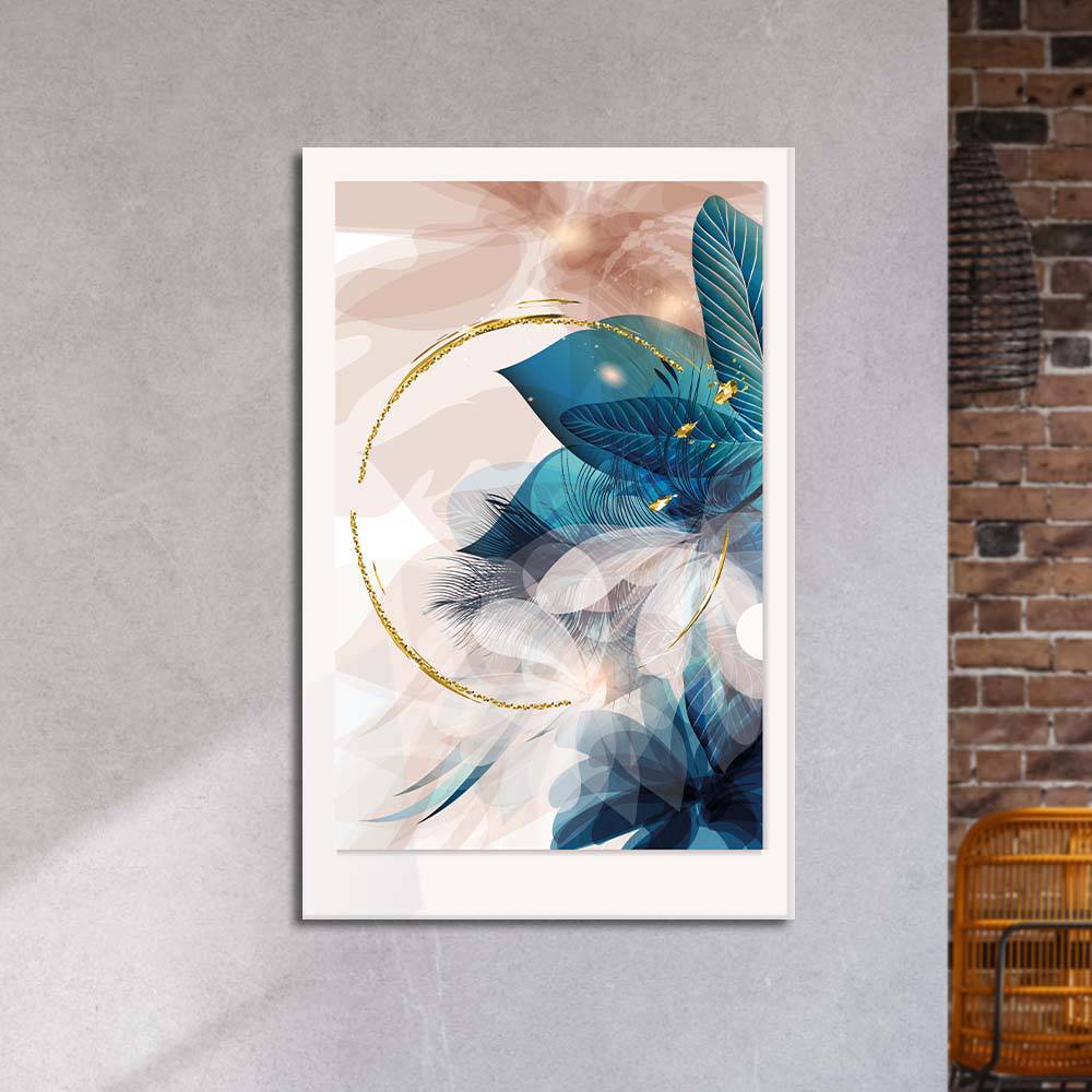 Golden Painted Circle with Turquoise Leaves Glass Wall Art - CreoGlass E-Shop