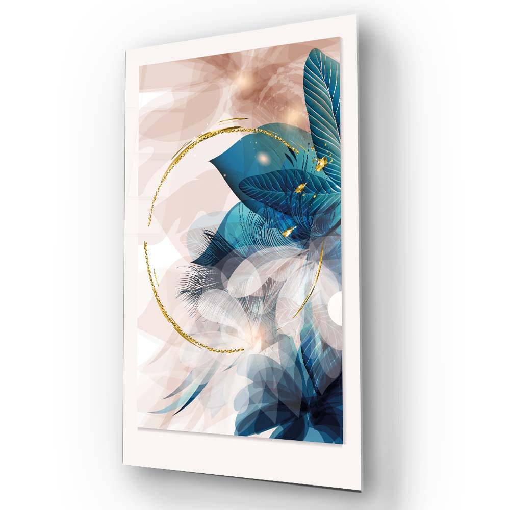 Golden Painted Circle with Turquoise Leaves Glass Wall Art - CreoGlass E-Shop