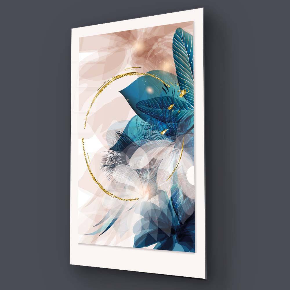 Golden Painted Circle with Turquoise Leaves Glass Wall Art - CreoGlass E-Shop