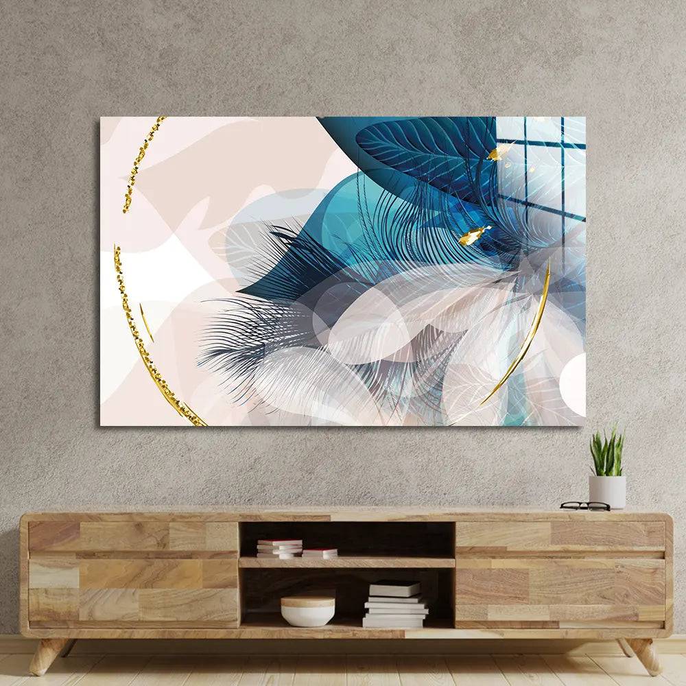 Golden Painted Circle With Turquoise Leaves Glass Wall Art - CreoGlass E-Shop