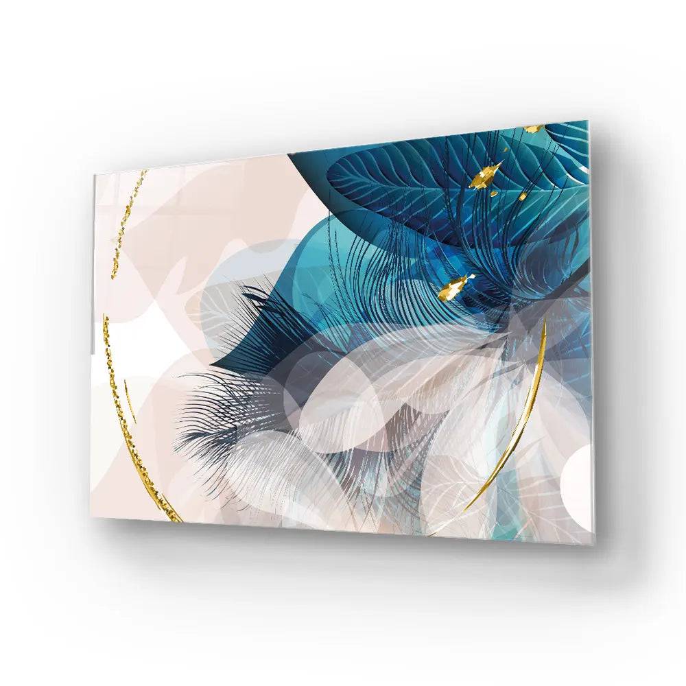 Golden Painted Circle With Turquoise Leaves Glass Wall Art - CreoGlass E-Shop