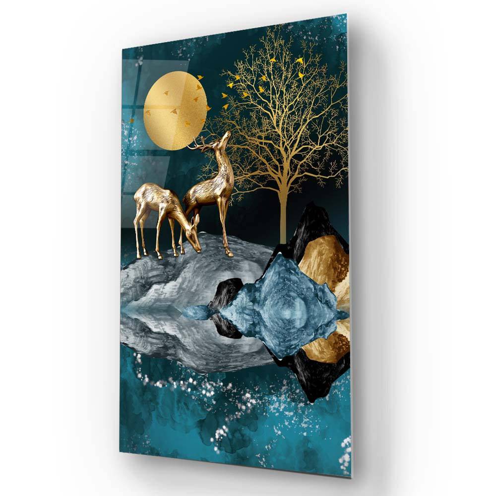 Grazing Golden Deer Glass Wall Art - CreoGlass E-Shop