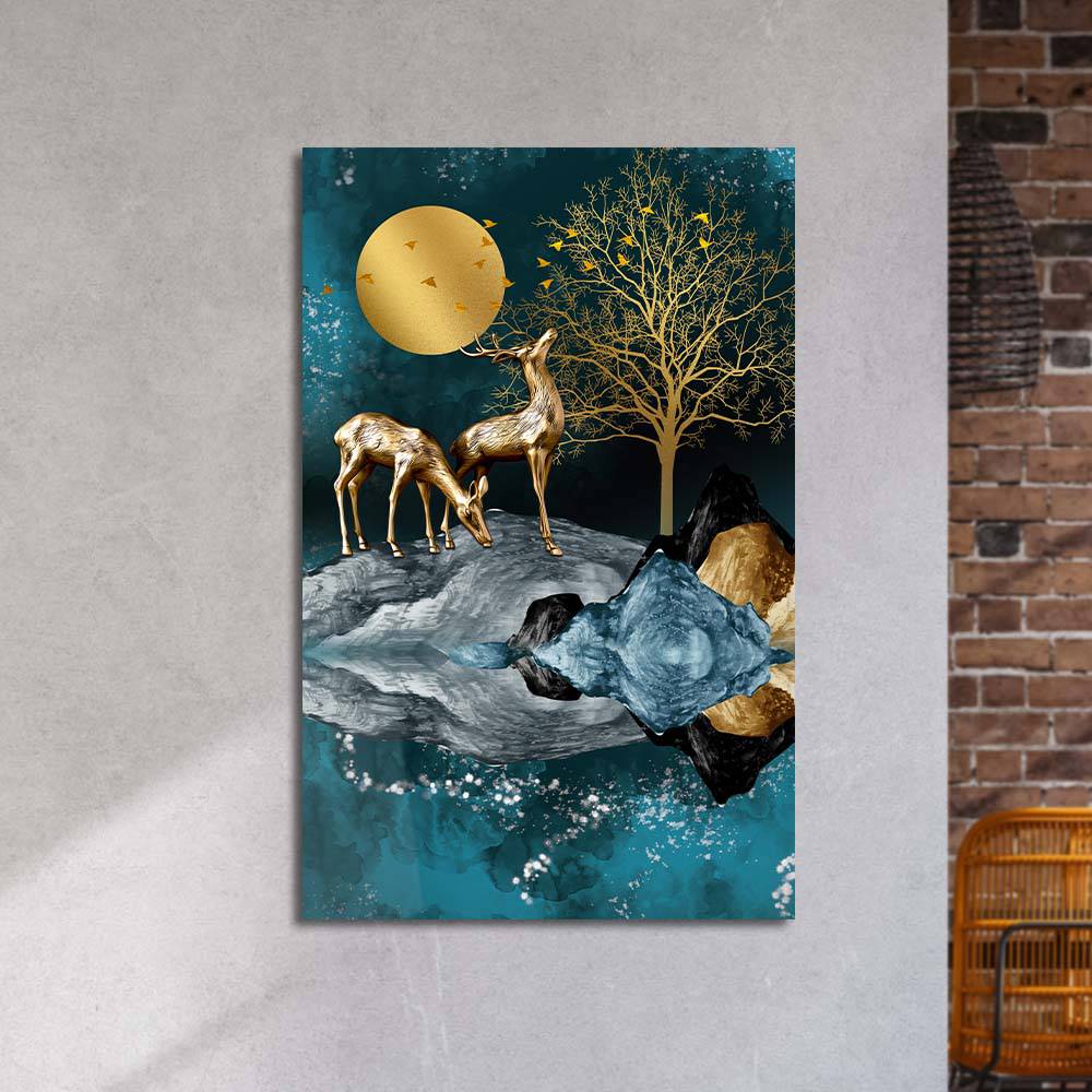 Grazing Golden Deer Glass Wall Art - CreoGlass E-Shop