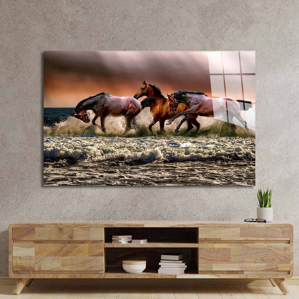 Horse Running Through Water Glass Wall Art - CreoGlass E-Shop