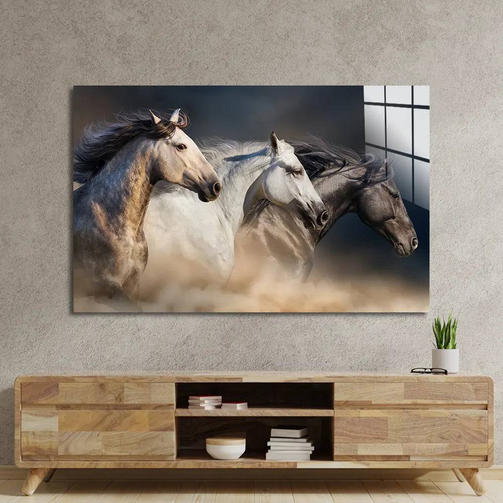 Horses With Long Mane Portrait Running In Desert Glass Wall Art - CreoGlass E-Shop