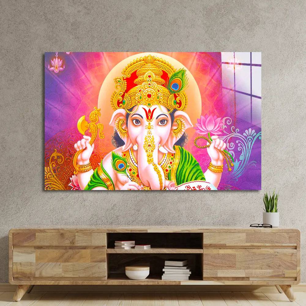 Illustration Colourful Hindu Lord Ganesha Glass Wall Art - CreoGlass E-Shop