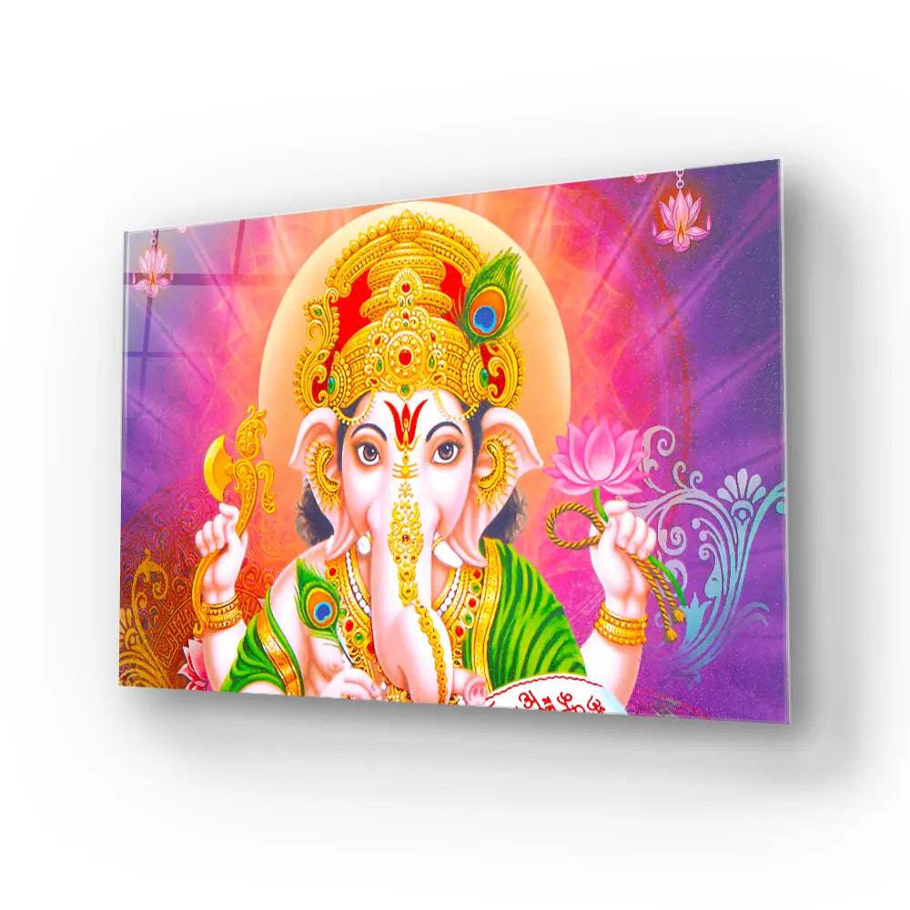 Illustration Colourful Hindu Lord Ganesha Glass Wall Art - CreoGlass E-Shop