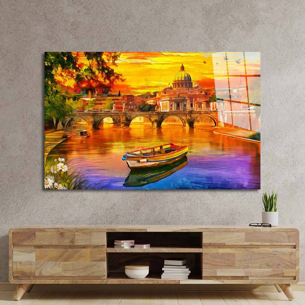 India Taj Mahal Sunset Painting Glass Wall Art - CreoGlass E-Shop