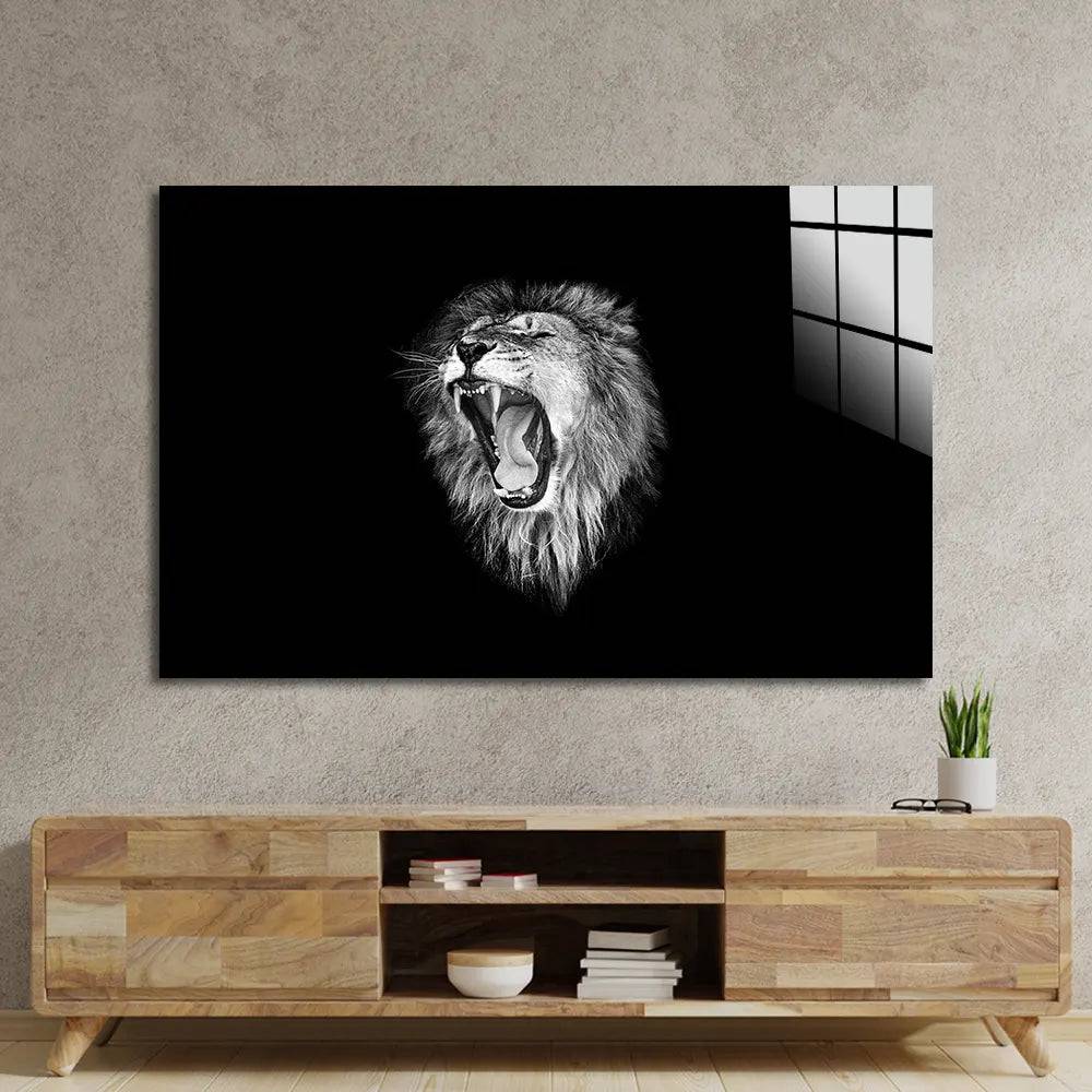 Lion Roaring Black and White 2 Glass Wall Art - CreoGlass E-Shop