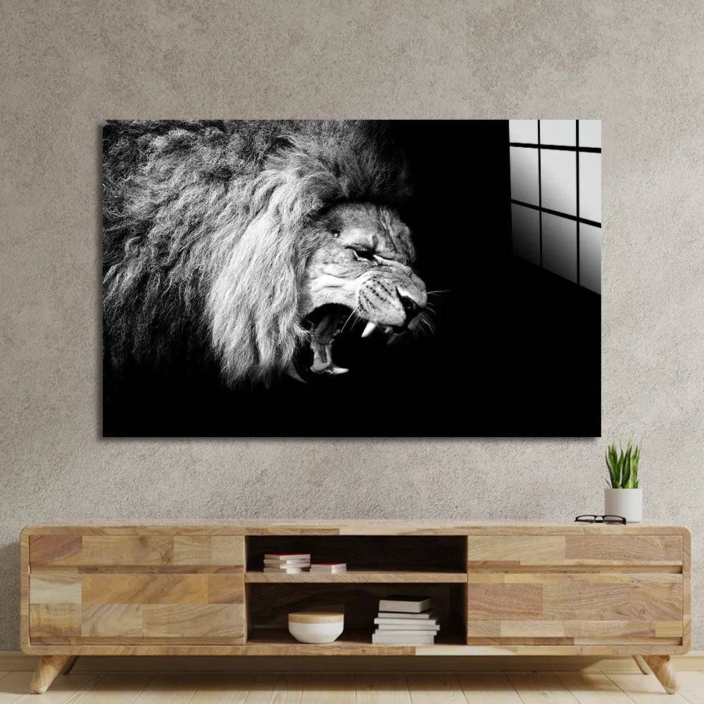 Lion Roaring Black and White Glass Wall Art - CreoGlass E-Shop