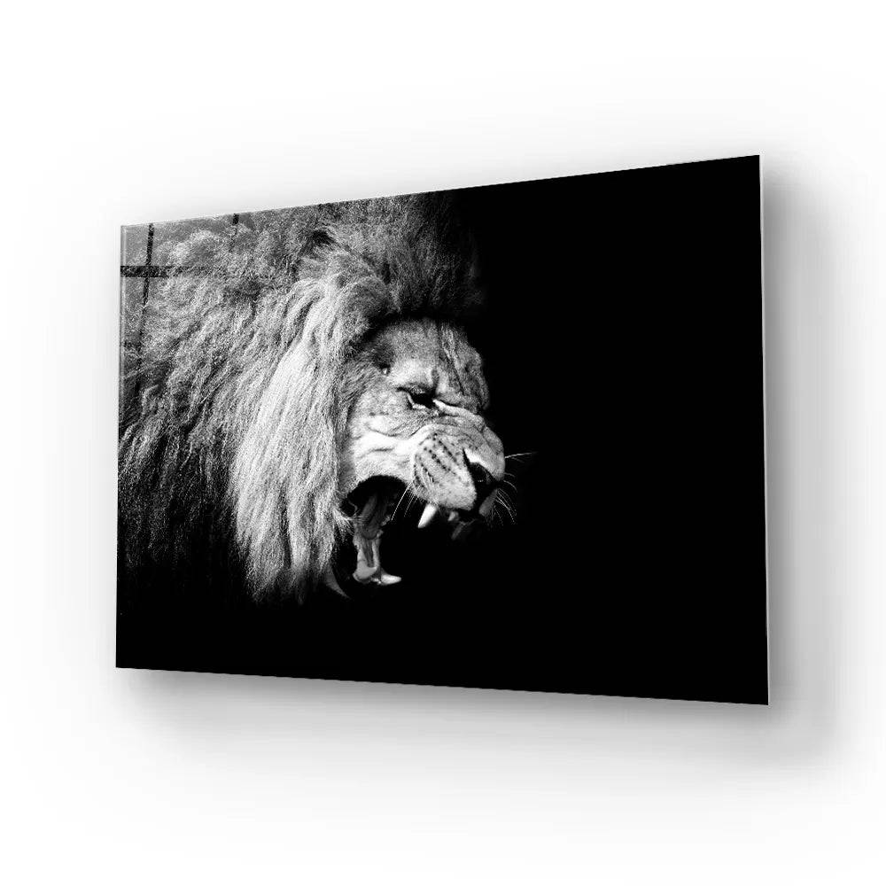 Lion Roaring Black and White Glass Wall Art - CreoGlass E-Shop