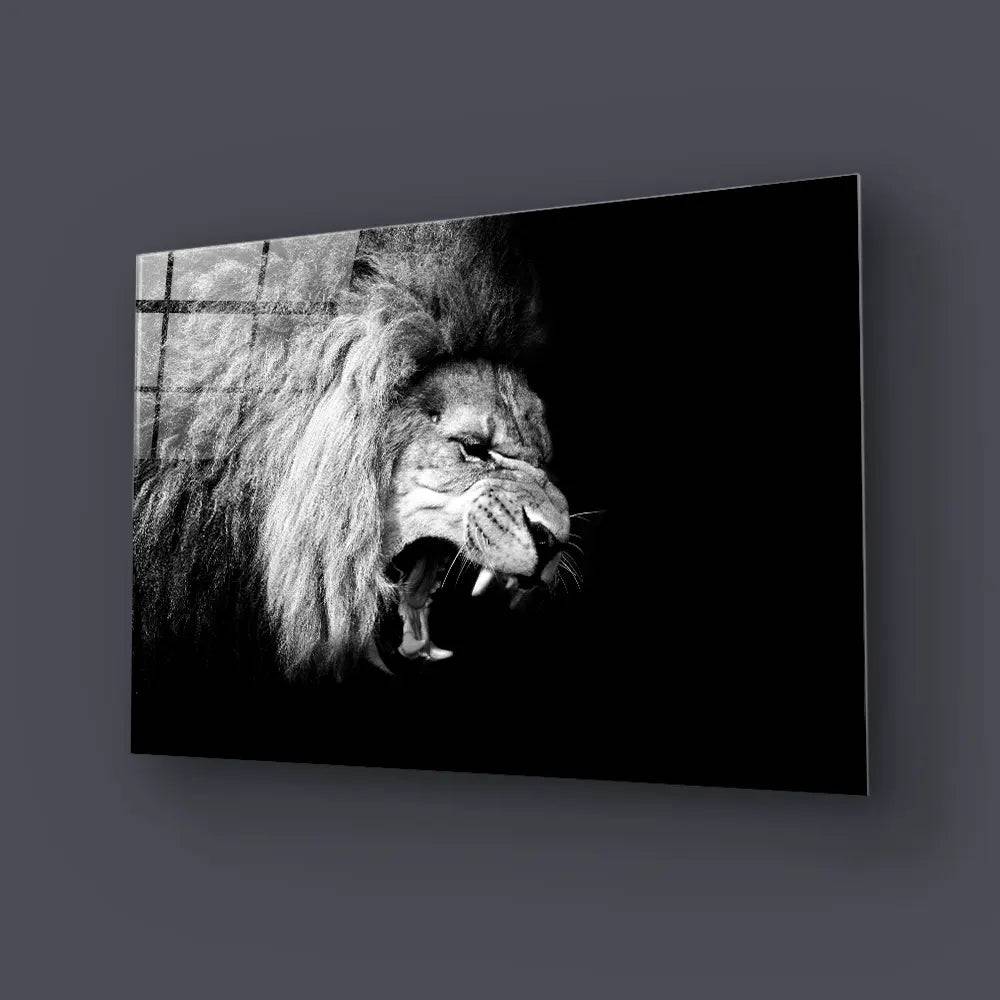 Lion Roaring Black and White Glass Wall Art - CreoGlass E-Shop