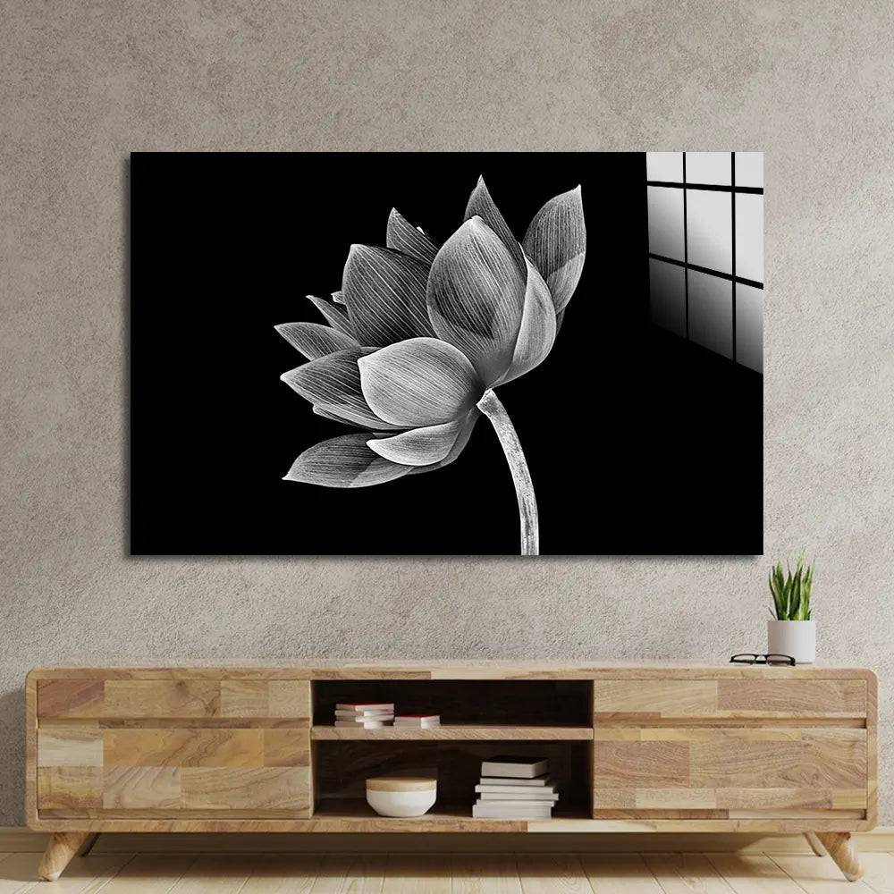 Lotus Black and White Glass Wall Art - CreoGlass E-Shop