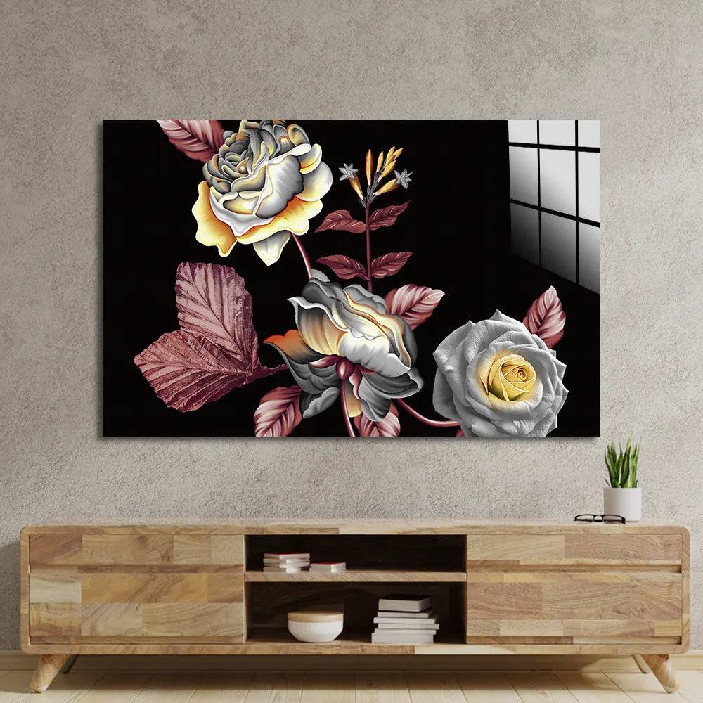 Manual Ornament Watercolour Flowers Roses Texture Glass Wall Art - CreoGlass E-Shop