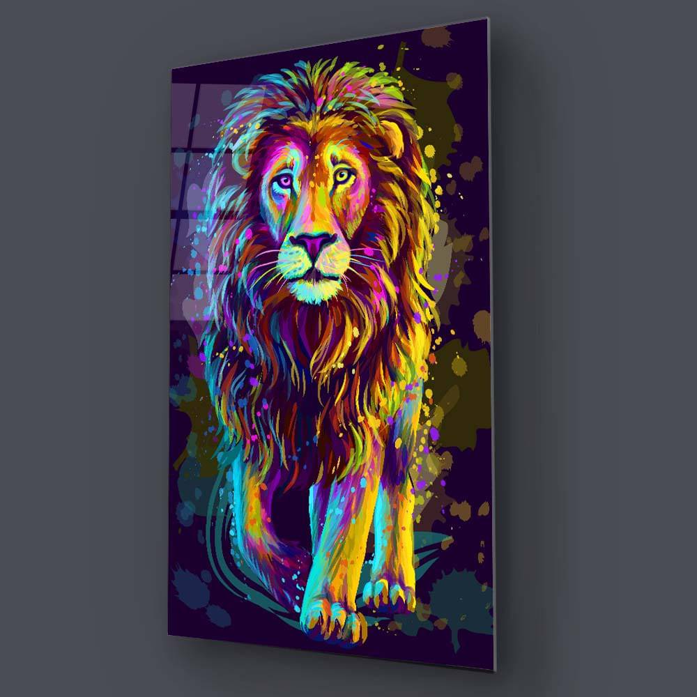 Multi-Coloured Lion Painting Glass Wall Art - CreoGlass E-Shop