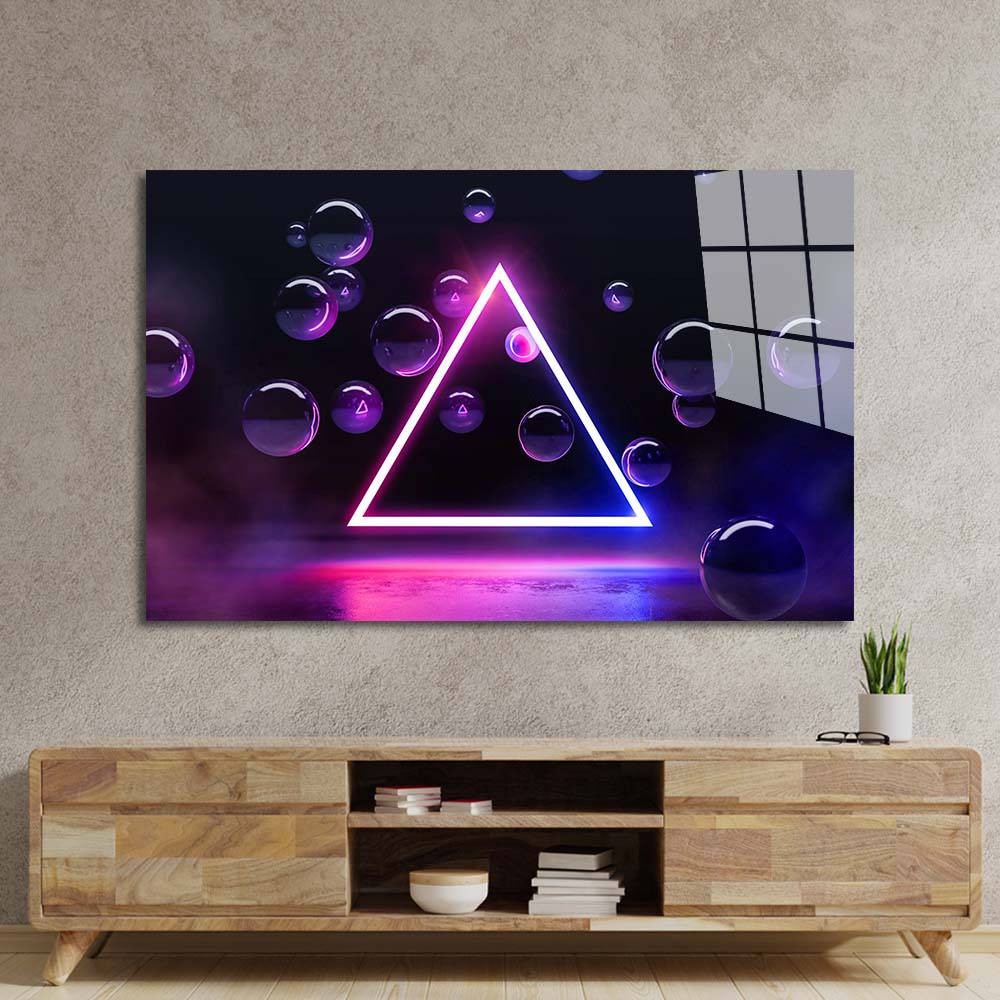 Neon Triangle with Floating Bubbles Glass Wall Art - CreoGlass E-Shop