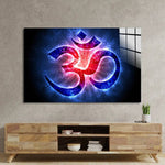 Om Sign Light Blue Red Glass Wall Art - CreoGlass E-Shop