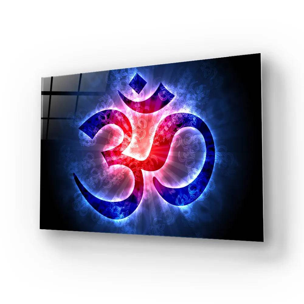 Om Sign Light Blue Red Glass Wall Art - CreoGlass E-Shop