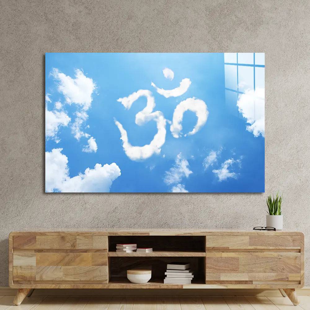 Om Symbol Clouds Shaped On Sky Glass Wall Art - CreoGlass E-Shop