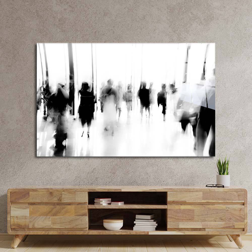 People Walking in Lobby Motion Blurred Glass Wall Art - CreoGlass E-Shop