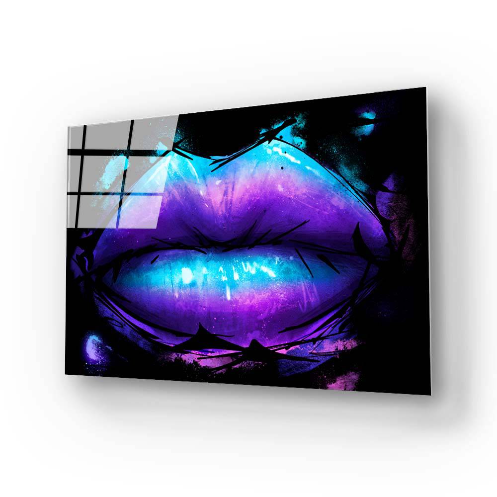 Purple Blue Lips in Black Background Glass Wall Art - CreoGlass E-Shop