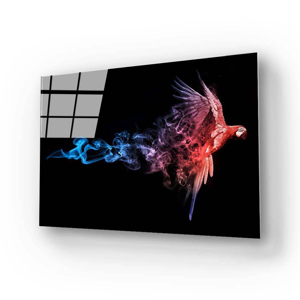 Red and Blue Parrot with Smoke Effect Glass Wall Art - CreoGlass E-Shop