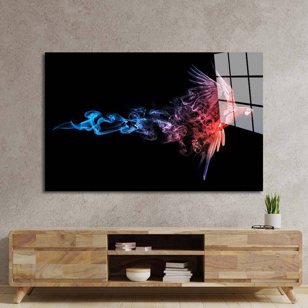 Red and Blue Parrot with Smoke Effect Glass Wall Art - CreoGlass E-Shop