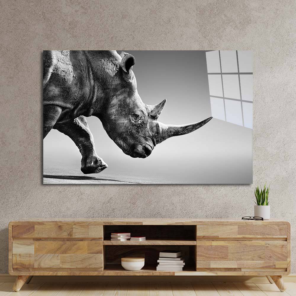 Rhino Black & White Photo Glass Wall Art - CreoGlass E-Shop