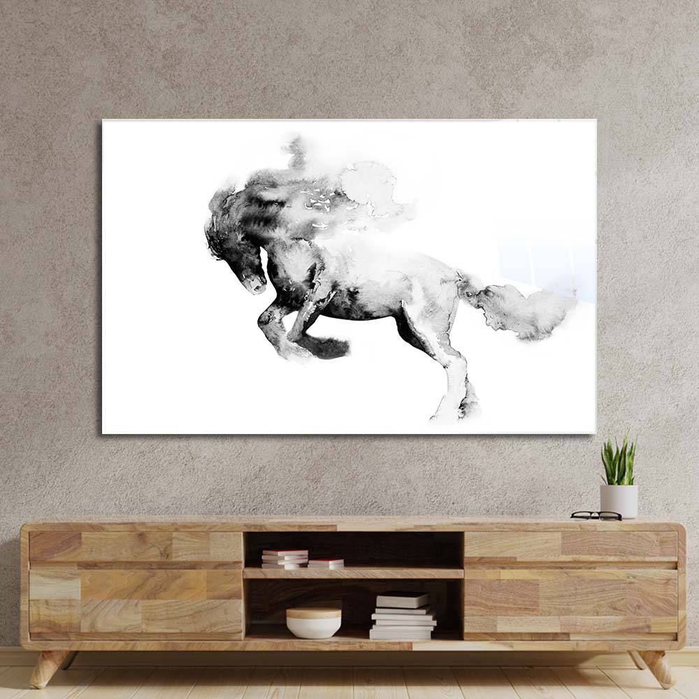 Running Horse in Black Ink Glass Wall Art - CreoGlass E-Shop