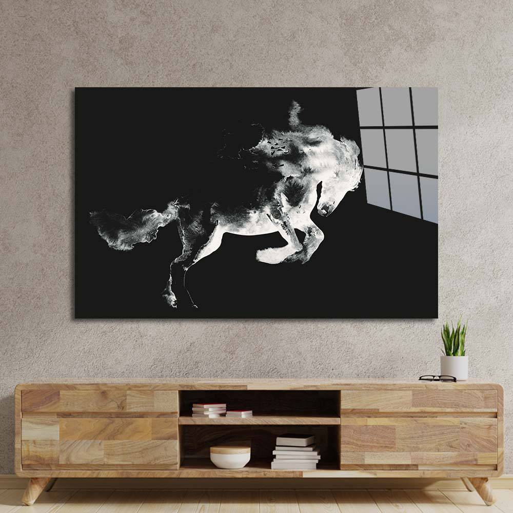 Running Horse in White Ink Glass Wall Art - CreoGlass E-Shop